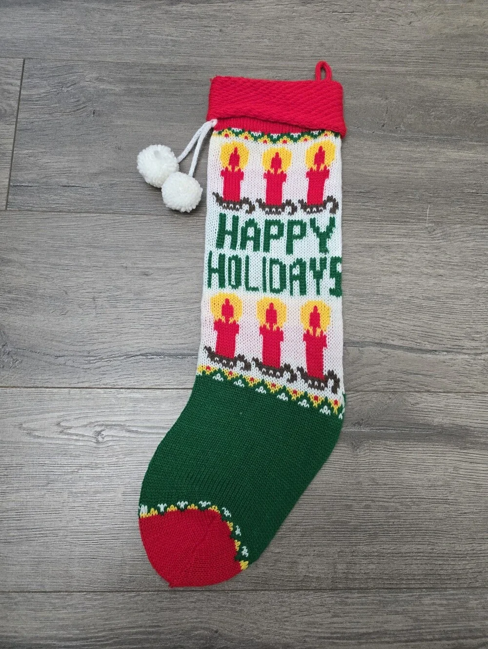 80's Knit Stocking Happy Holidays Bright Candles Vintage Decor Christmas
